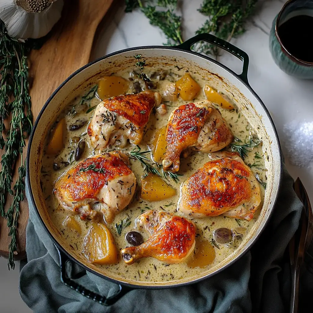 Herb Roasted Chicken in Creamy White Wine Sauce delights!