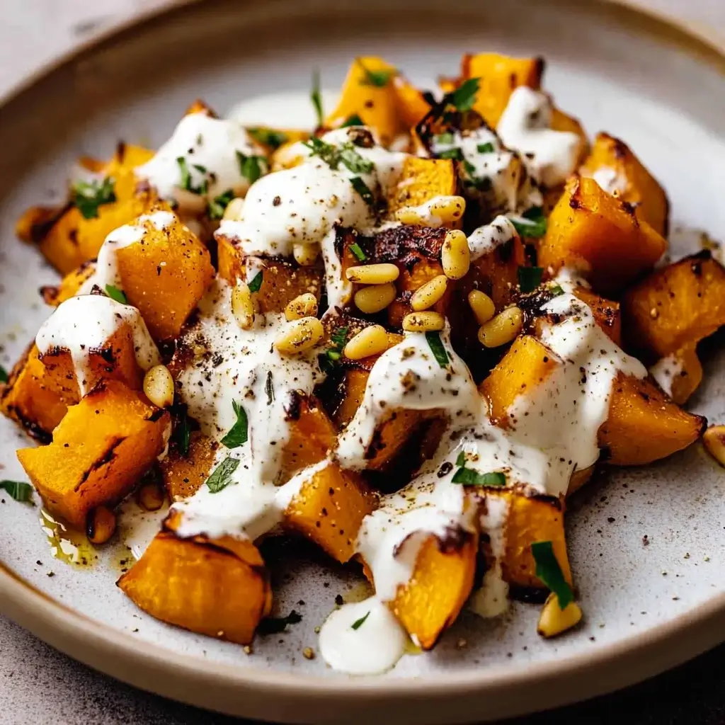 Roasted Pumpkin with Yogurt Sauce and Pine Nuts delights your palate!