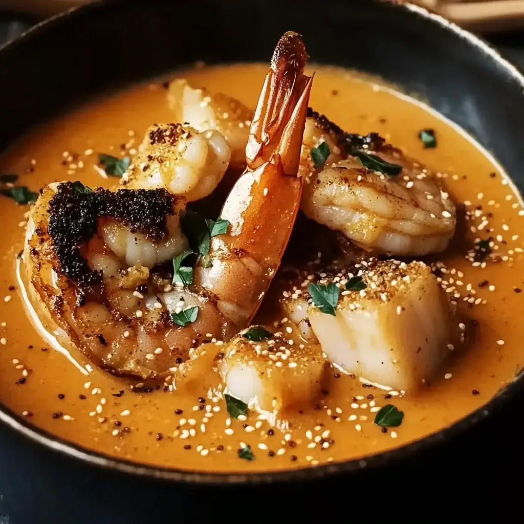 Spiced Seafood Bisque with Sesame Prawn Croutons Recipe!