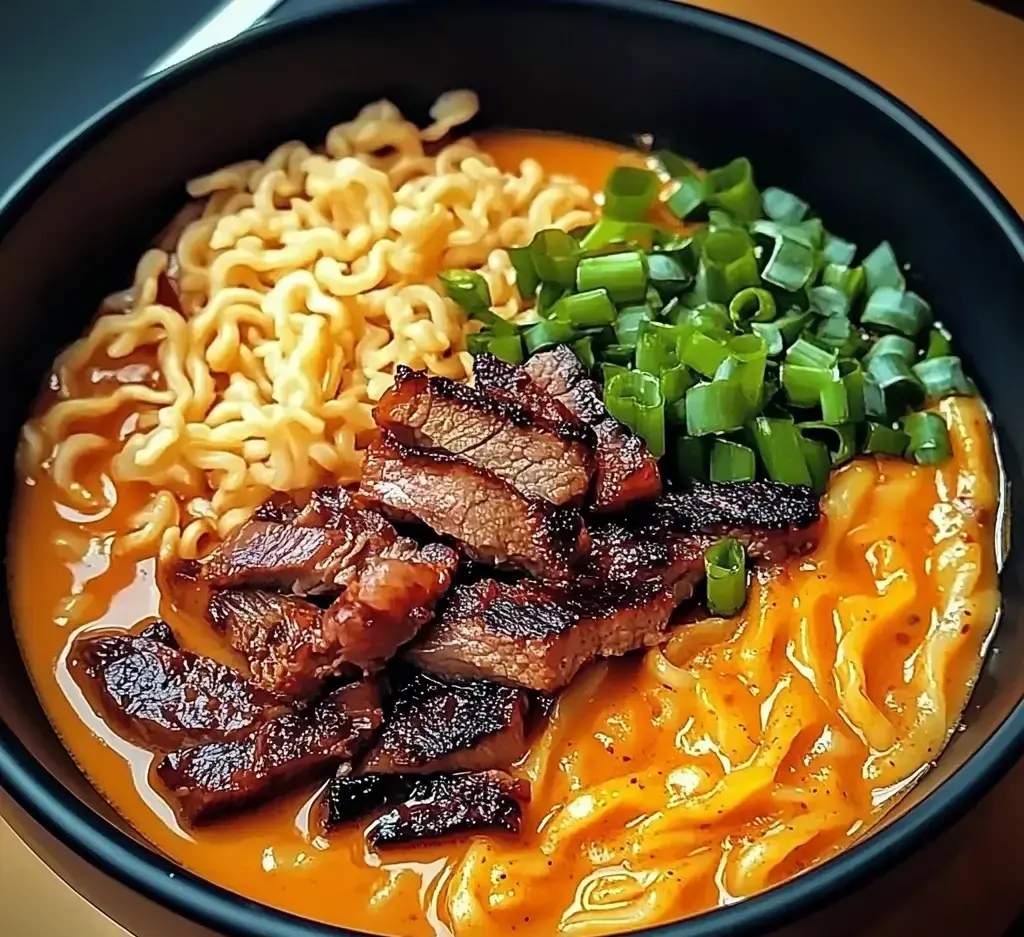 Spicy Korean Ramen with Grilled Beef and Creamy Sauce delights!