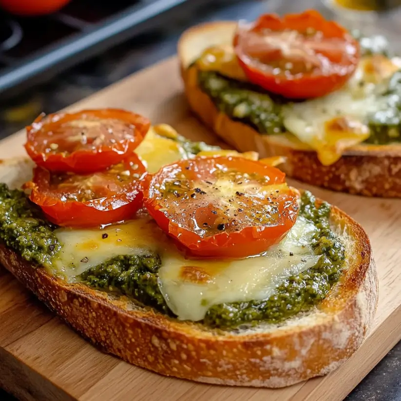 Open-Faced Pesto, Cheddar, and Tomato Baguette Recipe You’ll Love