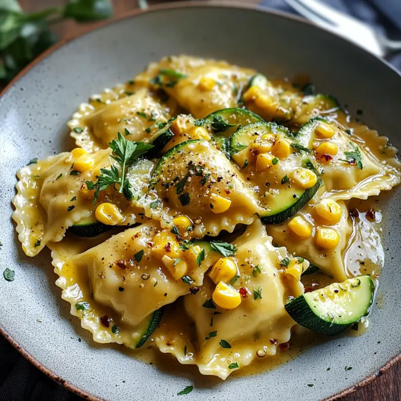 Ravioli with Corn and Zucchini in Garlic Butter Sauce delights!