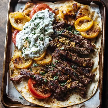 Sheet Pan Steak Gyros with Feta Tzatziki Sauce Recipe Delight!