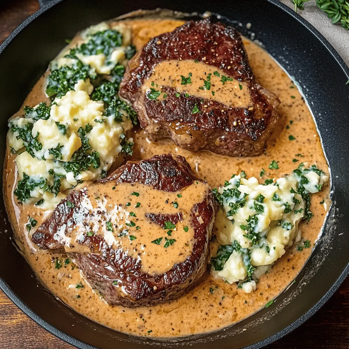 Savory Gaelic Irish Steaks with Whiskey Cream and Colcannon