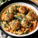 Baked Rosemary Chicken Meatballs with Tomato Orzo Delight