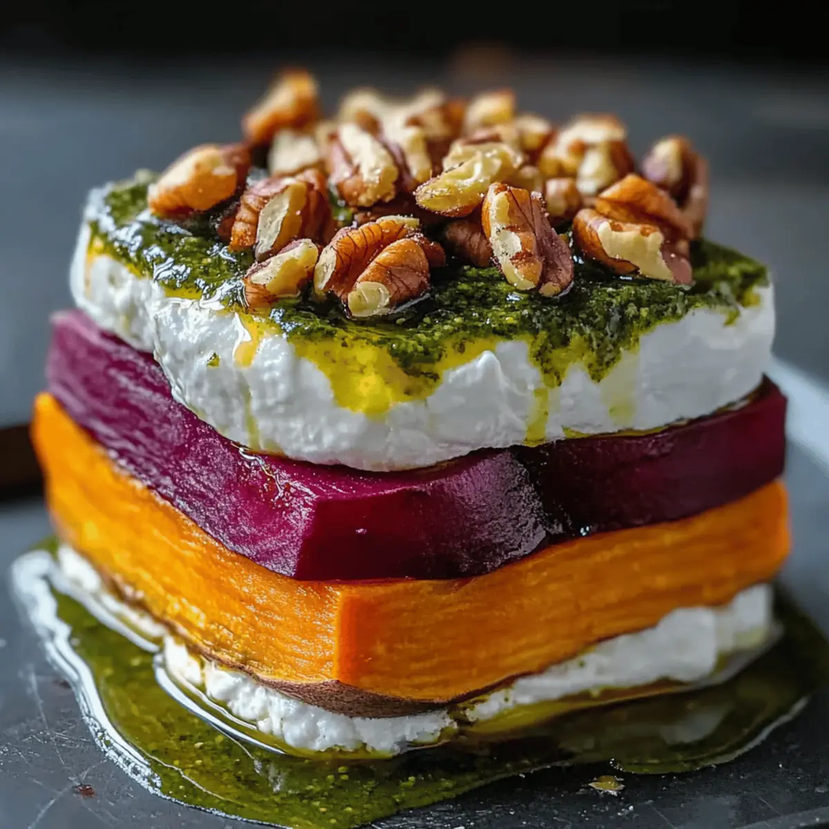 Sweet Potato & Beet Stacks with Pesto, Burrata & Walnuts Delight