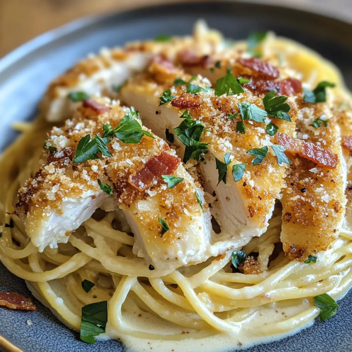 Spaghetti Carbonara with Parmesan Crusted Chicken