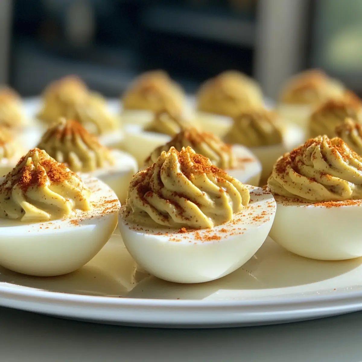 Deviled Eggs with Green Olive Garnish
